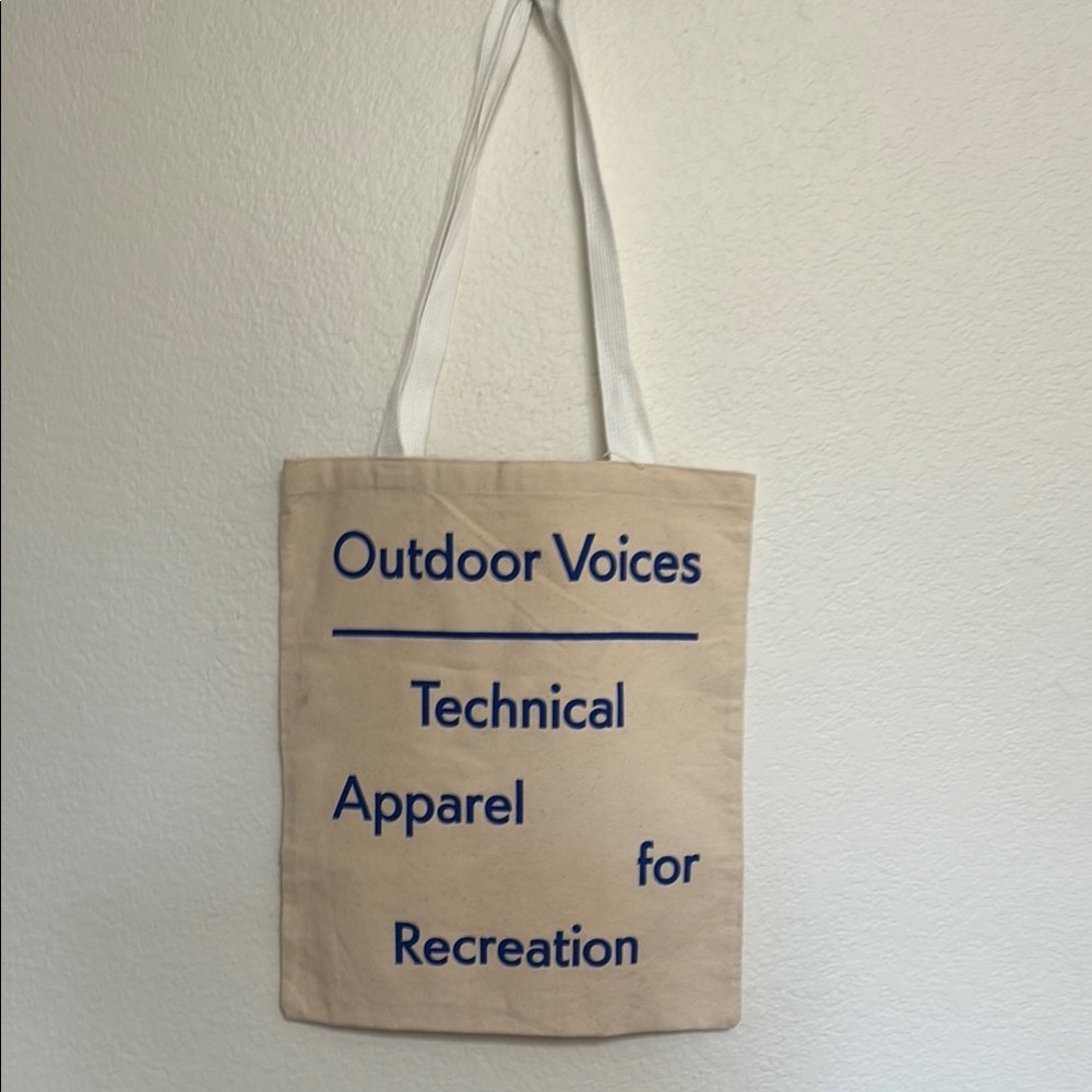 Outdoor Voices Beige Tote Bag with Blue Text
